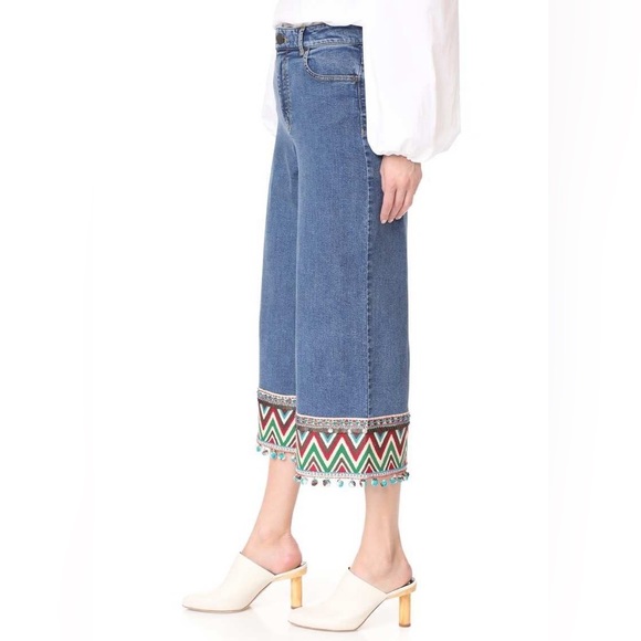 NWT Alice Olivia Beta Embroider Pom-Pom Hem Denim Wide Leg High Waist Jeans - Picture 5 of 8